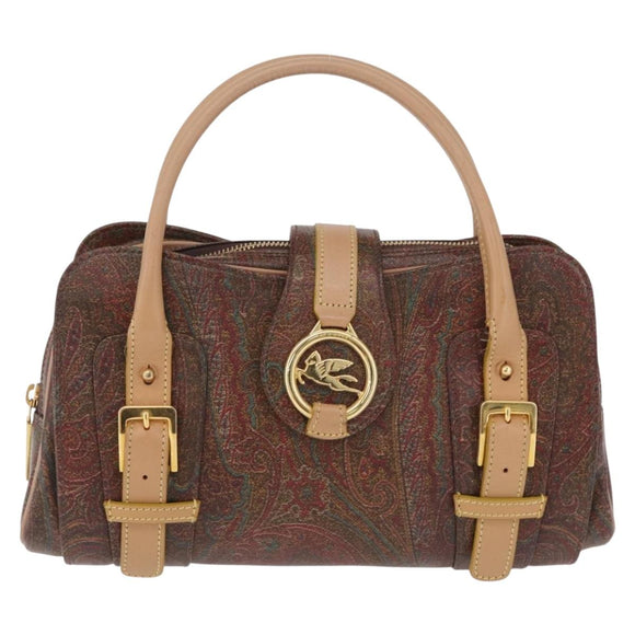 ETRO Hand Bag PVC Canvas Brown Gold Auth 208375V