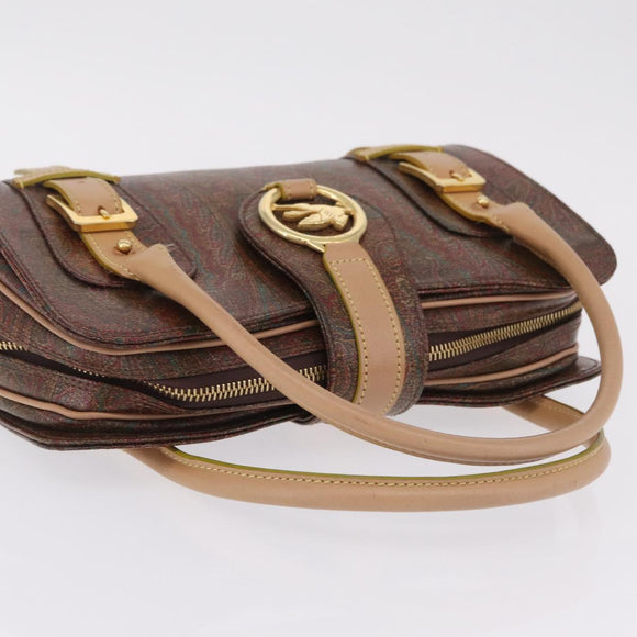 ETRO Hand Bag PVC Canvas Brown Gold Auth 208375V