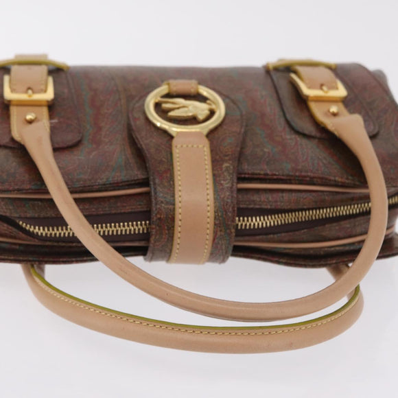 ETRO Hand Bag PVC Canvas Brown Gold Auth 208375V