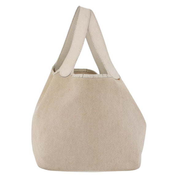 HERMES Picotan MM Hand Bag Canvas Beige Silver Auth 208376