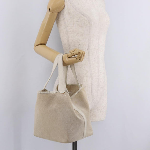 HERMES Picotan MM Hand Bag Canvas Beige Silver Auth 208376