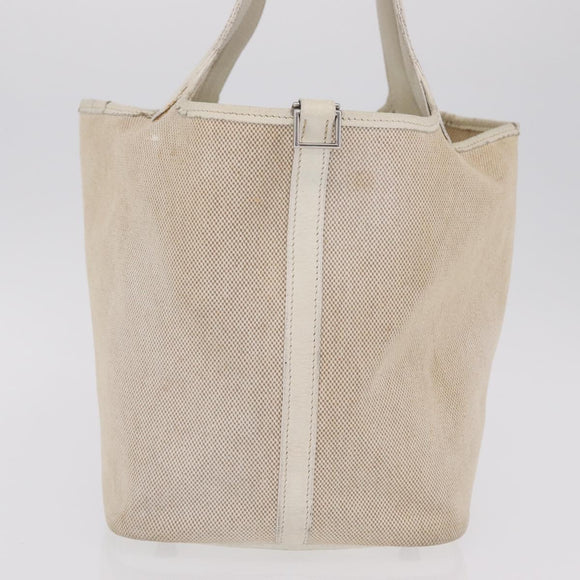 HERMES Picotan MM Hand Bag Canvas Beige Silver Auth 208376
