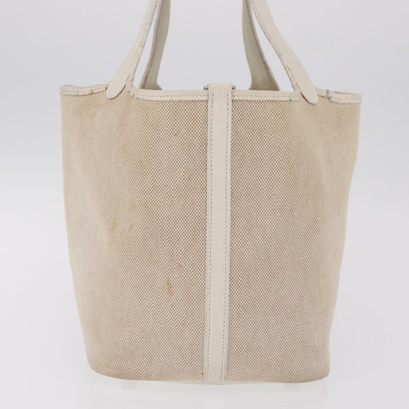 HERMES Picotan MM Hand Bag Canvas Beige Silver Auth 208376
