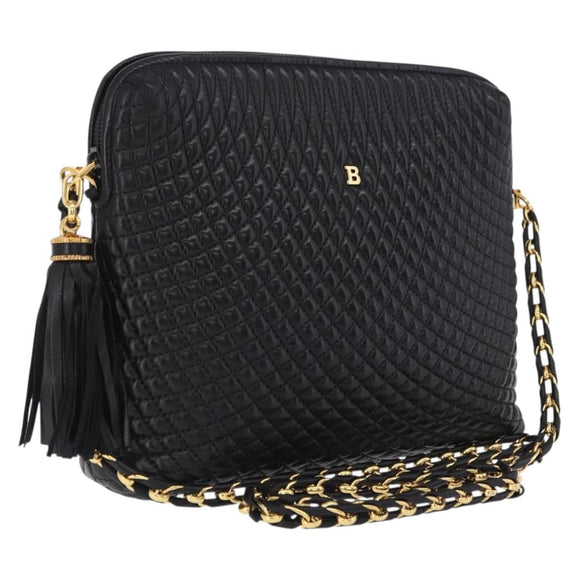 Bally Chain Shoulder Bag Leather Black Gold Auth 208381A