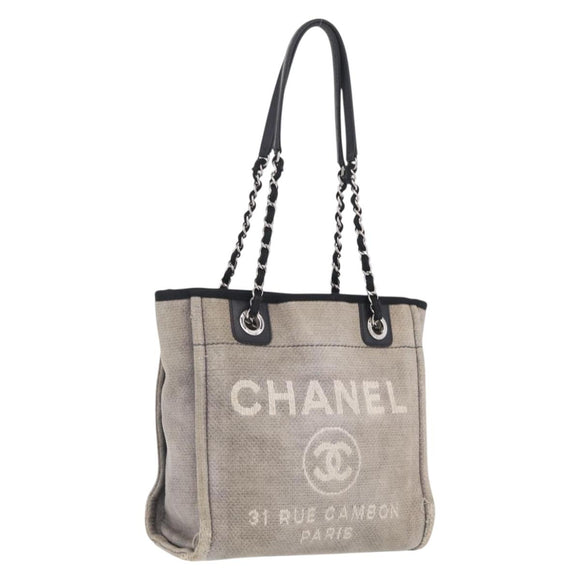 CHANEL Chain Deauville Tote Bag Canvas Gray Silver CC Auth 208386