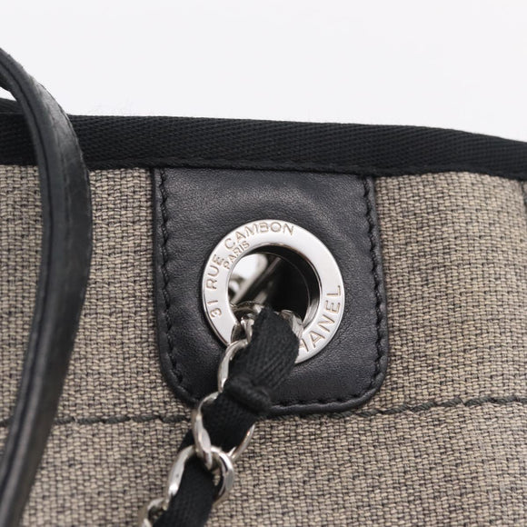 CHANEL Chain Deauville Tote Bag Canvas Gray Silver CC Auth 208386