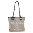 CHANEL Chain Deauville Tote Bag Canvas Gray Silver CC Auth 208386-2