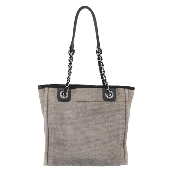 CHANEL Chain Deauville Tote Bag Canvas Gray Silver CC Auth 208386