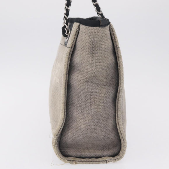 CHANEL Chain Deauville Tote Bag Canvas Gray Silver CC Auth 208386