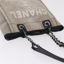 CHANEL Chain Deauville Tote Bag Canvas Gray Silver CC Auth 208386-6