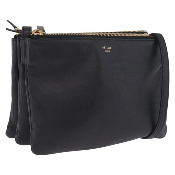 CELINE trio Shoulder Bag Leather Black Gold Auth 208418A