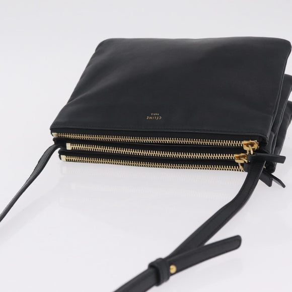 CELINE trio Shoulder Bag Leather Black Gold Auth 208418A