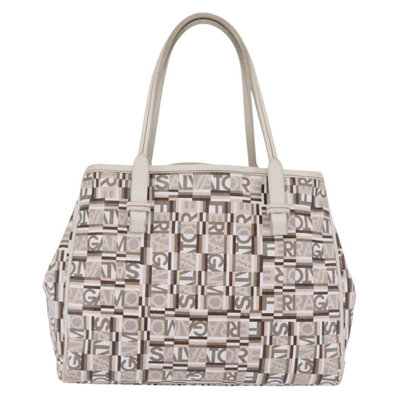 Salvatore Ferragamo Hand Bag PVC Canvas White Silver Auth 208428