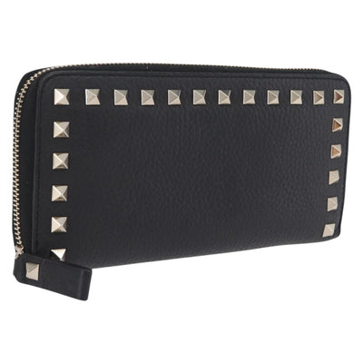 Valentino Rock Studs Long Wallet Leather Black Gold Auth 208442A