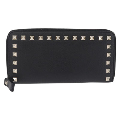 Valentino Rock Studs Long Wallet Leather Black Gold Auth 208442A - 0