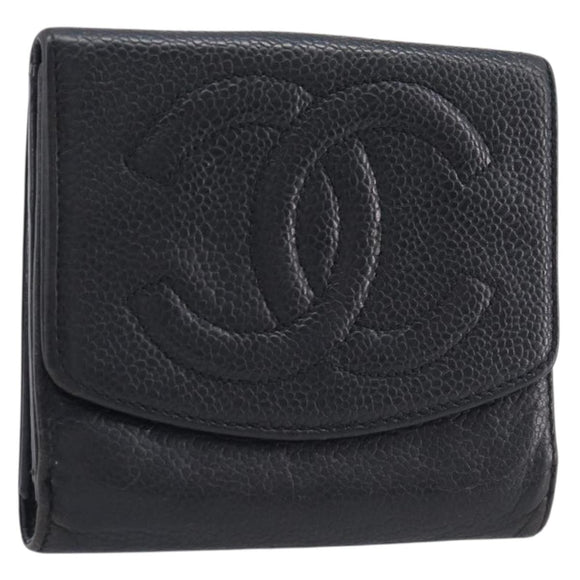 CHANEL Wallet Caviar Skin Black Gold CC Auth 208447