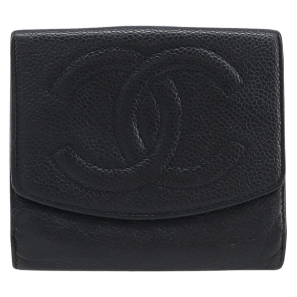 CHANEL Wallet Caviar Skin Black Gold CC Auth 208447