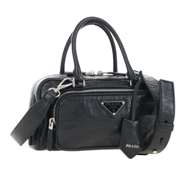 PRADA Hand Bag Leather 2way Black Silver Auth 208497SAM