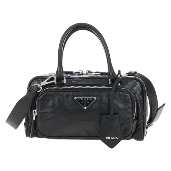 PRADA Hand Bag Leather 2way Black Silver Auth 208497SAM