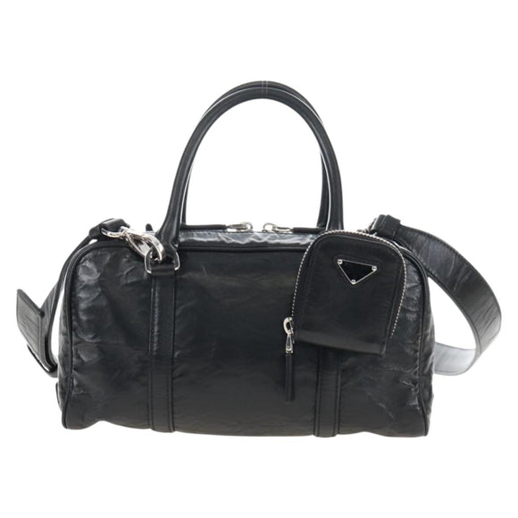 PRADA Hand Bag Leather 2way Black Silver Auth 208497SAM