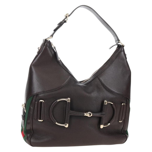 GUCCI Web Sherry Line Horsebit Shoulder Bag Leather Brown 247602 Auth 208504V