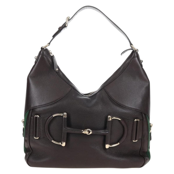 GUCCI Web Sherry Line Horsebit Shoulder Bag Leather Brown 247602 Auth 208504V