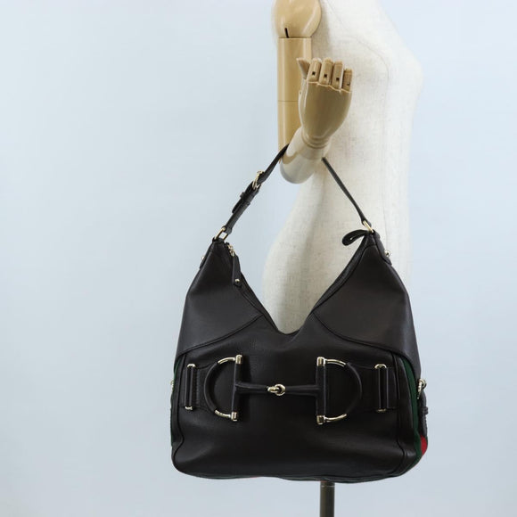 GUCCI Web Sherry Line Horsebit Shoulder Bag Leather Brown 247602 Auth 208504V