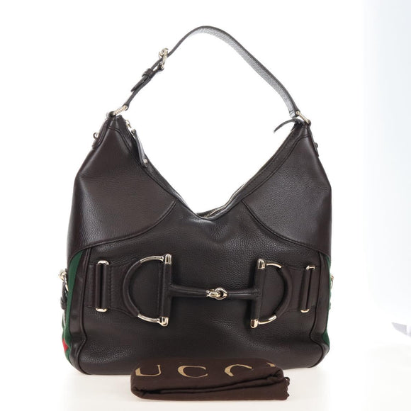 GUCCI Web Sherry Line Horsebit Shoulder Bag Leather Brown 247602 Auth 208504V