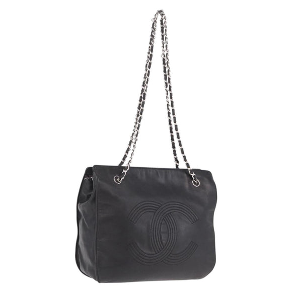 CHANEL Chain Shoulder Tote Bag Leather Black Silver CC Auth 208514A