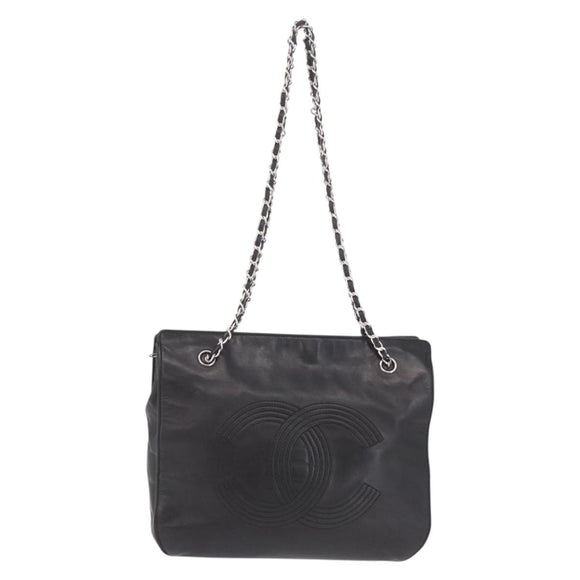CHANEL Chain Shoulder Tote Bag Leather Black Silver CC Auth 208514A