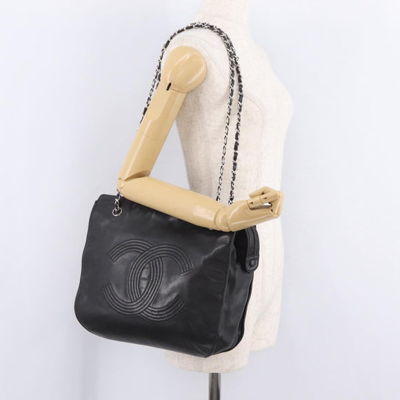 CHANEL Chain Shoulder Tote Bag Leather Black Silver CC Auth 208514A