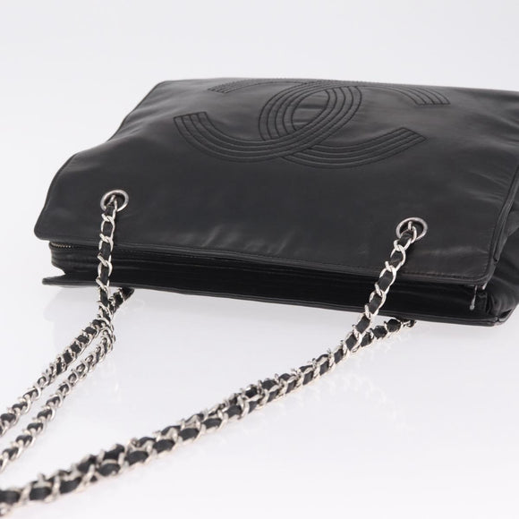 CHANEL Chain Shoulder Tote Bag Leather Black Silver CC Auth 208514A