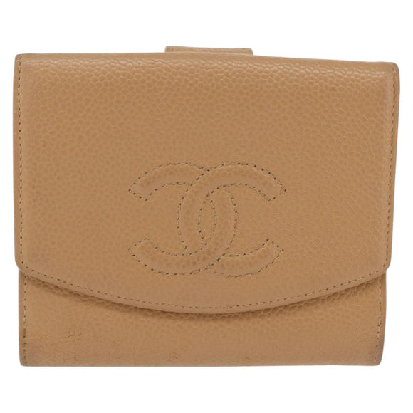 CHANEL Wallet Caviar Skin Beige CC Auth 208527