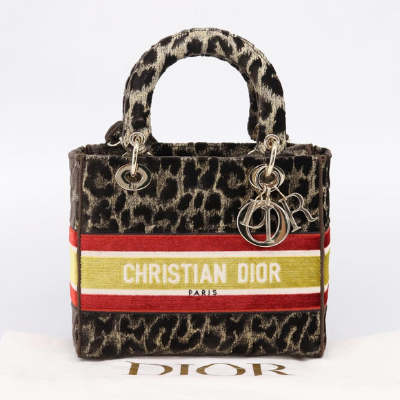 Christian Dior Leopard Velvet D-light Bag Velor 2way Brown Gold Auth 208553SAM
