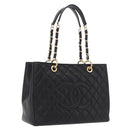 CHANEL Chain Tote Bag Caviar Skin Black Gold CC Auth 208554SAM-1