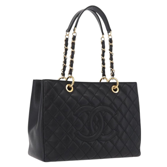CHANEL Chain Tote Bag Caviar Skin Black Gold CC Auth 208554SAM