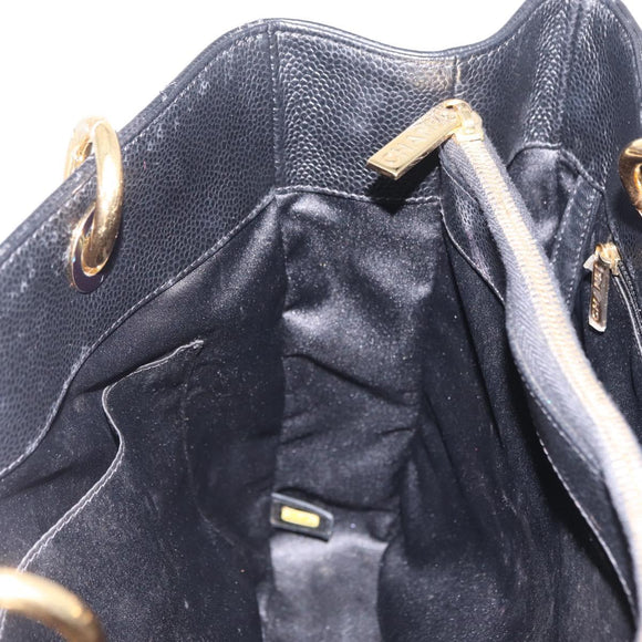 CHANEL Chain Tote Bag Caviar Skin Black Gold CC Auth 208554SAM