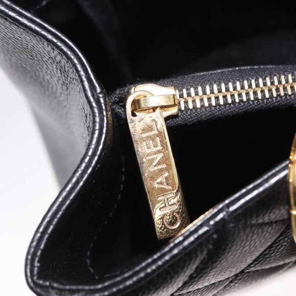 CHANEL Chain Tote Bag Caviar Skin Black Gold CC Auth 208554SAM