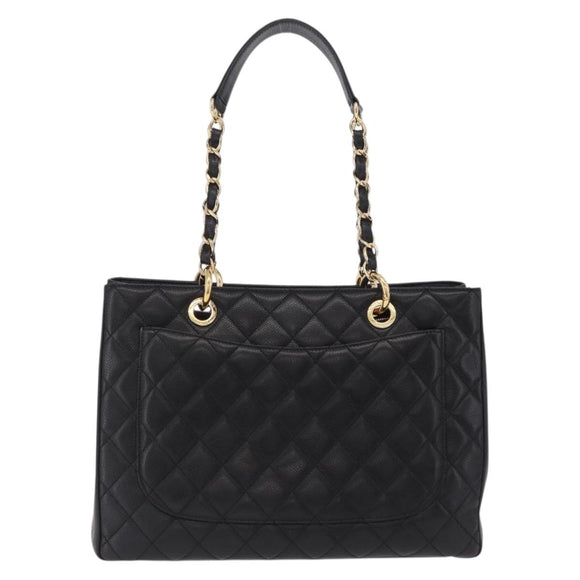 CHANEL Chain Tote Bag Caviar Skin Black Gold CC Auth 208554SAM