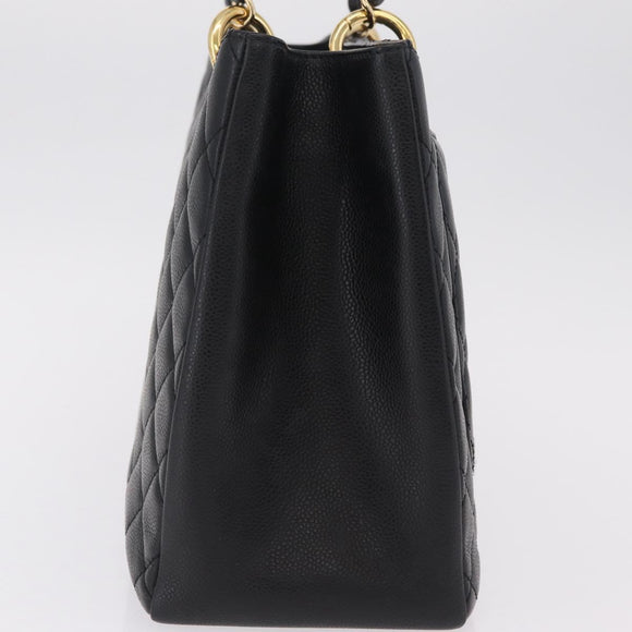 CHANEL Chain Tote Bag Caviar Skin Black Gold CC Auth 208554SAM