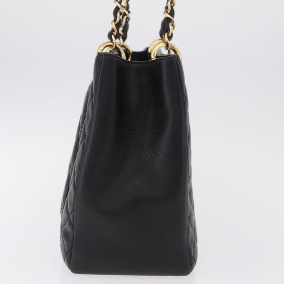 CHANEL Chain Tote Bag Caviar Skin Black Gold CC Auth 208554SAM