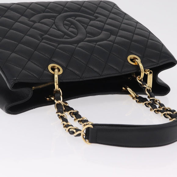 CHANEL Chain Tote Bag Caviar Skin Black Gold CC Auth 208554SAM