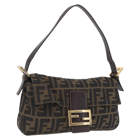 FENDI Zucca Canvas Mamma Baguette Shoulder Bag Black Brown Auth 208570V