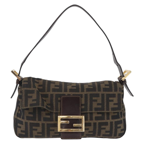 FENDI Zucca Canvas Mamma Baguette Shoulder Bag Black Brown Auth 208570V