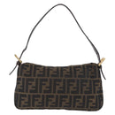 FENDI Zucca Canvas Mamma Baguette Shoulder Bag Black Brown Auth 208570V-2