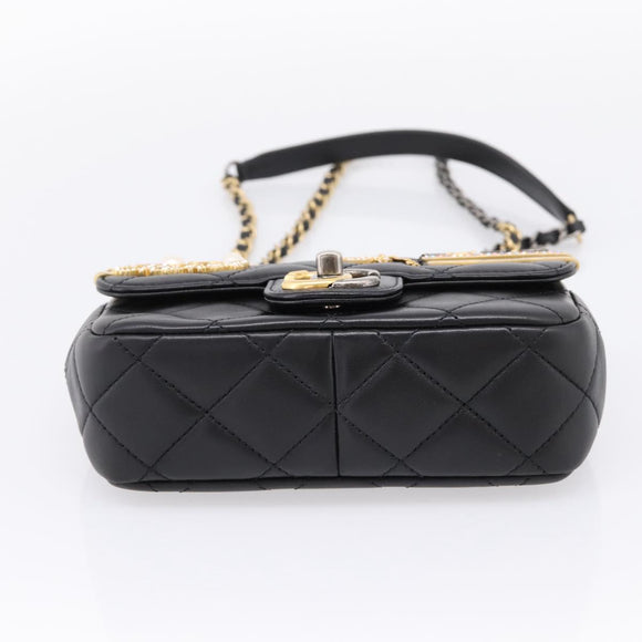 CHANEL Mini Matelasse Shoulder Bag Lamb Skin Black Gold Silver CC Auth 208572SM