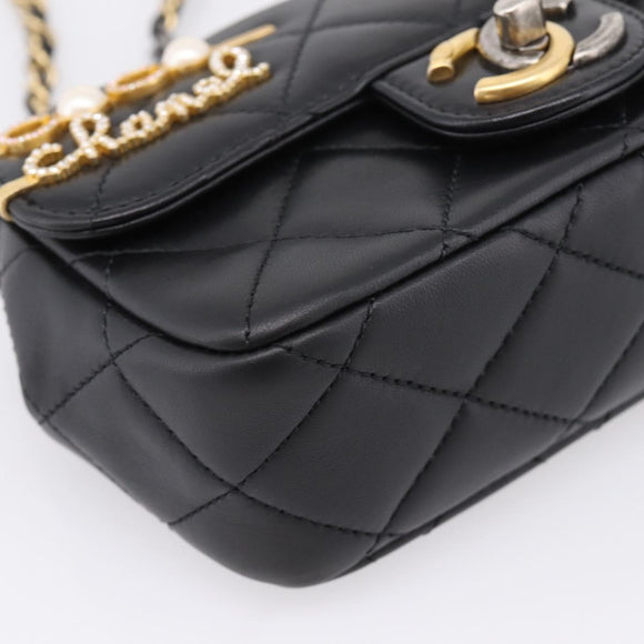 CHANEL Mini Matelasse Shoulder Bag Lamb Skin Black Gold Silver CC Auth 208572SM