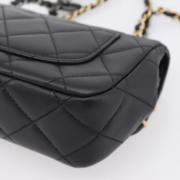 CHANEL Mini Matelasse Shoulder Bag Lamb Skin Black Gold Silver CC Auth 208572SM