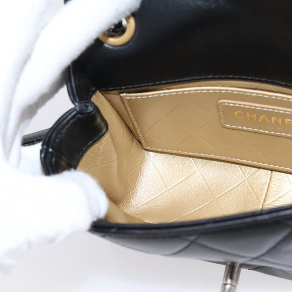 CHANEL Mini Matelasse Shoulder Bag Lamb Skin Black Gold Silver CC Auth 208572SM