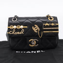 CHANEL Mini Matelasse Shoulder Bag Lamb Skin Black Gold Silver CC Auth 208572SM-12